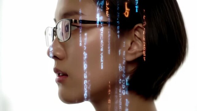 Young Woman Wearing Glasses With Digital Data Stream Overlayed On Her Face In A Studio Setting