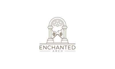 Enchanted Arch: Line Art Logo of an Archway Framing a Mountain Landscape