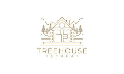 Geometric Line Art Treehouse Retreat Logo Design in a Mountain Setting