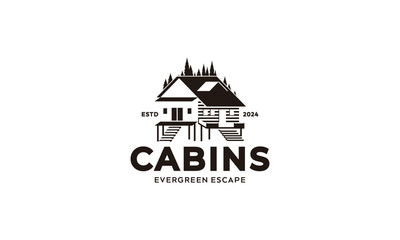 Fototapeta premium Evergreen Escape Cabins: A Black and White Logo Featuring Two Rustic Cabins in a Forest Setting.