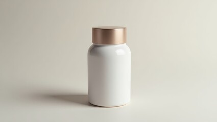 A  shot presents a minimalist white bottle with a gold cap centered on a pale background. The design suggests a clean and modern aesthetic with its sleek shape, soft light, and neutral color palette.