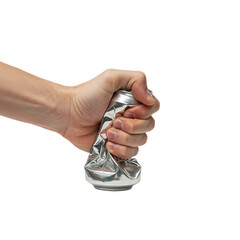 Hand crushing a can on transparent background