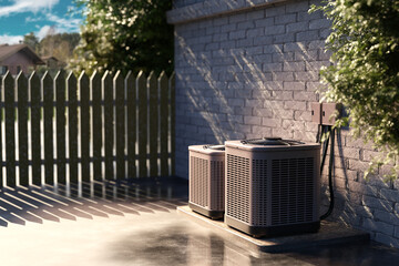 Outdoor air conditioning units installed near residential house wall, concept of HVAC system, ventilation, heating, cooling, climate control and energy efficiency. HVAC.