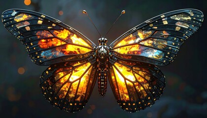Brilliant illuminated insect with intricate details showcased against a blurred backdrop, wings featuring vibrant orange, yellow, and hints of blue, showcasing an exquisite glowing effect, creating...