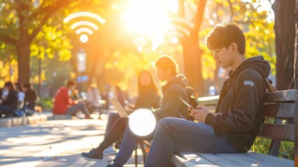 Students using wi-fi outdoors in a park, sunny day, technology concept - Powered by Adobe
