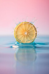 Refreshing Lemon Splash with Slices and Water Drops on a Pink and Blue Background - Perfect Citrus Beverage and Liqueur Imagery