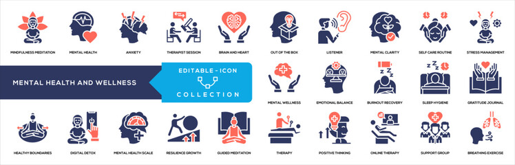 Mental Health and Wellness Glyph Color Icon Collection. Containing Mindfulness Meditation, Mental Health, Therapist Session, Brain Heart, Out Box, Mental Clarity, Self Care, Stress Management