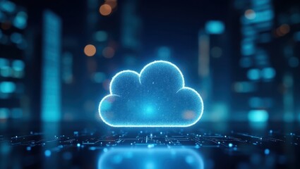 Illuminated blue cloud symbol hovering above a detailed circuit board, suggesting a concept of data storage and digital information processing, contrasted with a softly blurred cityscape background...