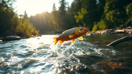 Leaping Fish in Scenic Forest River: Sunlit Adventure and Eco-Friendly Sport Fishing Photography in Tranquil Wildlife Habitat