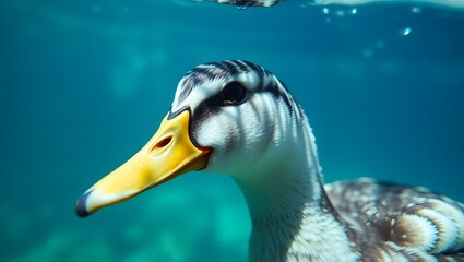 Underwater Close-Up of Duck in Blue Water: Stunning Wildlife Portrait of Aquatic Bird Behavior and Natural Habitat