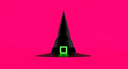 Fototapeta premium A Black Witch Hat with a Neon Green Buckle on a Pink Background, Minimalist and Magical Halloween Witch Hat Concept, Spooky Season Accessory, Halloween Still Life