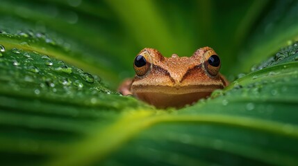 A curious frog resting on a vibrant green leaf