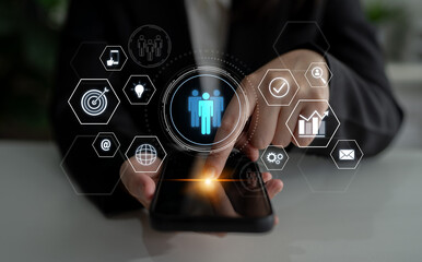 Business teamwork system showing digital communication and performance tracking. Teamwork improves...