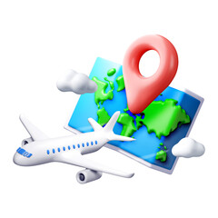 Travel Destination World Map with Airplane and Location Pointer on Transparent Background