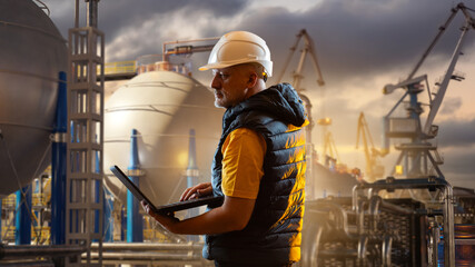 Man in hard hat and vest working on laptop at industrial plant with storage tanks and cranes at...
