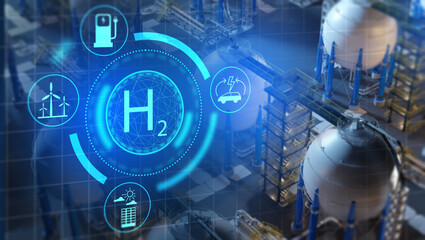 Hydrogen H2 energy concept with fuel, car, wind and solar icons over industrial plant background, clean renewable energy production. Energy, Hydrogen, Renewable