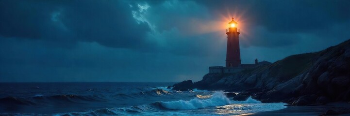 Majestic Lighthouse Beam Cuts Through Night Sky, Illuminating Dramatic Ocean Waves