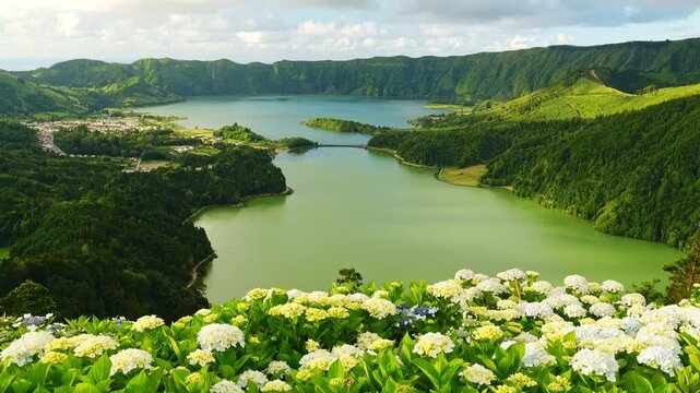 Miradouro da Vista do Rei. Sete Cidades Caldera. Blue Lake and Green Lake. Azores, Sao Miguel Island. Portugal