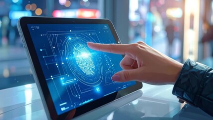 Person authenticates with fingerprint on a tablet: Biometric data security concept - Powered by Adobe