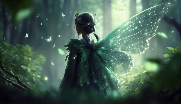 A magical forest fairy stands gracefully with wings spread. She is surrounded by lush green foliage and butterflies