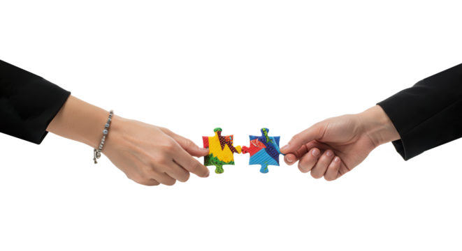 Hands connecting puzzle isolated on transparent background