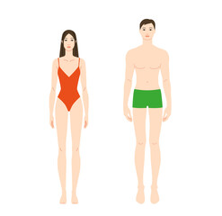 Male and female body template front view, Light Beige skin tone diversity man, woman. Flat vector anatomy model for fashion design, tailoring, garment fitting, measurement, art reference