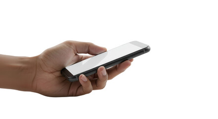 Hand holding phone on transparent background