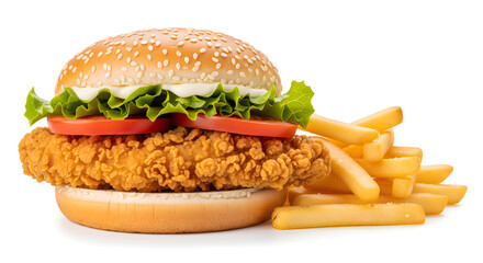 A delicious crispy fried chicken sandwich with fresh lettuce and tomato, served with a side of golden french fries.
