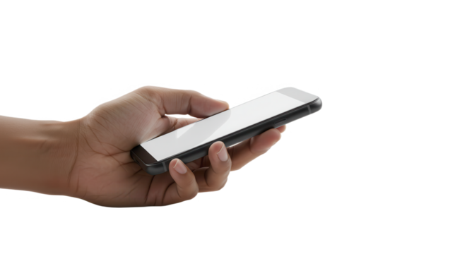 Hand holding phone on transparent background