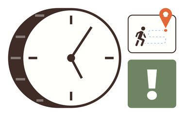 Clock indicating time, runner towards a location pin on a map with path, green alert sign. Ideal for efficiency, goals, planning, navigation, reminders, productivity simple flat metaphor
