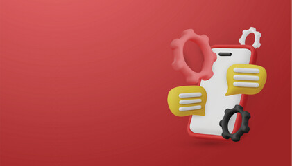 Modern 3D illustration for technology concepts. A phone with chat and cogs symbolizes workflow automation and online support