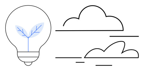 Light bulb with a leaf growing inside beside minimalistic cloud lines. Ideal for sustainability, energy, innovation, environment, eco-consciousness, technology, and clean energy. Simple flat metaphor
