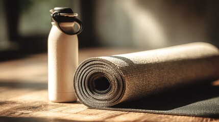 A rolled yoga mat and water bottle on a wooden surface