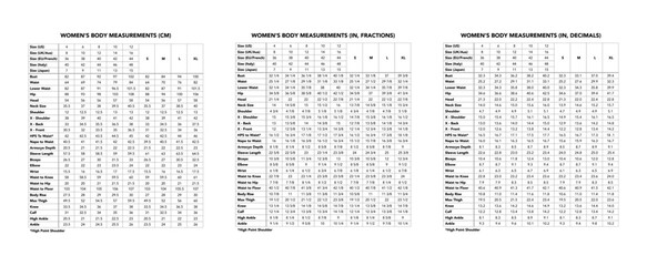 Women size chart measurements in centimeters inches fractions decimals for bust, waist, hips, sleeve, shoulder, height guide. Standard sewing fashion tailoring for female body US UK, EU Japan sizes