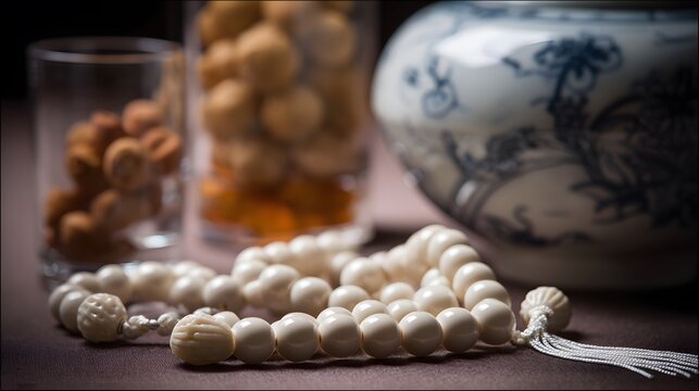 Intricately carved white prayer beads with a tassel for meditation.