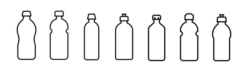 Collection of Different Plastic Bottles Outline Style in a Row on White Background