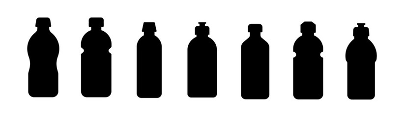 Seven Black Water Bottle Silhouettes in a Row on a White Background