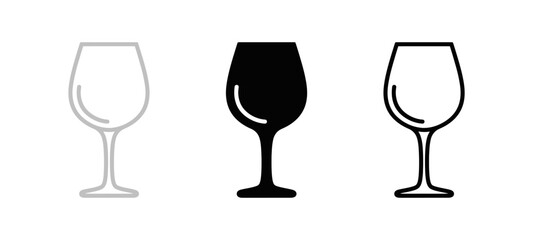 Three Wine Glass Icons in Outline and Solid Styles on White Background