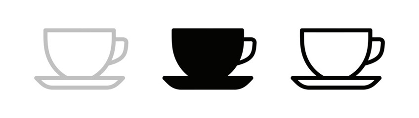 Minimalist Coffee Cup Icon Set with Saucer in Gray, Black and Outline
