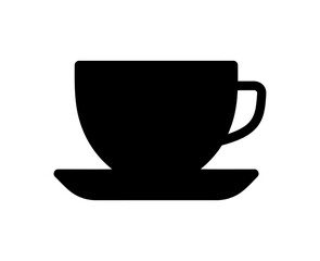 Simple black and white graphic of coffee cup and saucer on white background