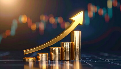 Vibrant golden coins and a rising arrow graphically illustrate financial success, investment growth, and robust economic progress in a dynamic market environment, symbolizing wealth accumulation