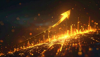 Golden arrow ascending over a glowing digital cityscape, symbolizing robust business growth, financial success, technological progress, and future innovation