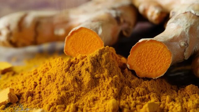 Two piles of turmeric spices, possibly for cooking or traditional use