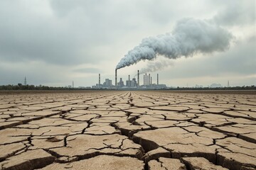 Cracked arid land with thick smoke rising from factory chimneys in background, realistic style, cloudy sky, concept of climate crisis and pollution, Ai generative