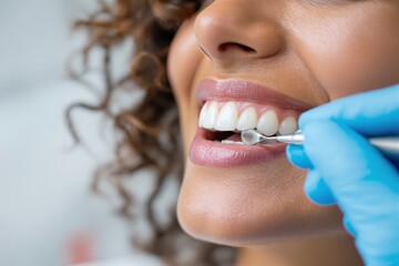 Close-up of a smiling woman undergoing dental examination, realistic photo style, with a soft blurred background, concept of oral health care. Ai generative