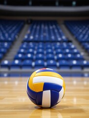 Colorful volleyball on wooden court floor in front of empty blue stadium seats, realistic style, indoor setting. Concept of sports competition. Ai generative