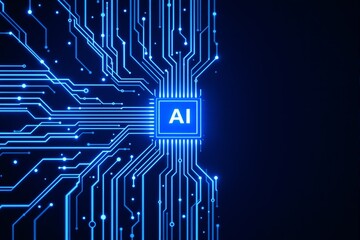 Glowing AI chip at center of neon circuit lines, futuristic digital style, dark blue background, concept of artificial intelligence system, Ai generative