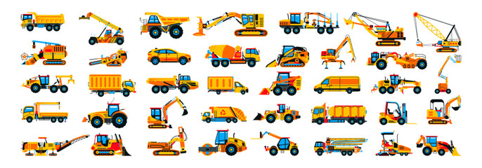 Large collection of construction equipment. Set of commercial vehicles for construction work. Excavator, tractor, bulldozer, asphalt paver, concrete mixer, loader, telehandler. Vector illustration.