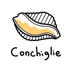 Simple illustration of conchiglie pasta with black outline and orange filling on a white background with text label