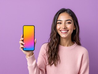 Happy woman shows smartphone with gradient screen, casual style, on purple background. Creative concept for mobile technology or app promotion. Ai generative